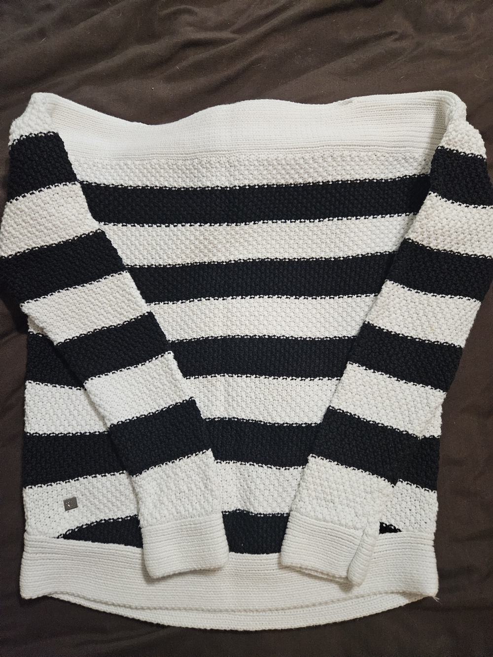 Small Lauren Ralph Lauren Black and White Striped Off-Shoulder Sweater